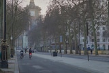 An empty street in London with Big Ben in the background.
