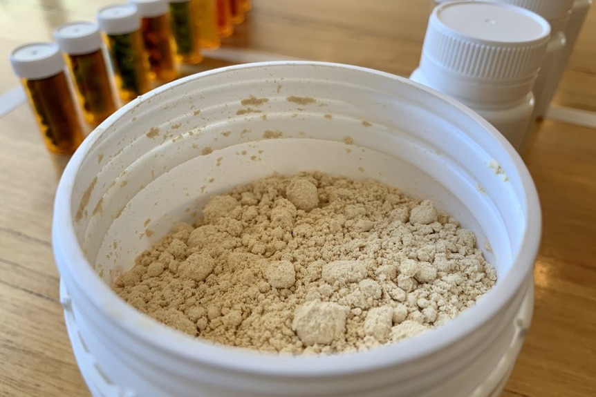 A white pot containing powdered peanut protein.