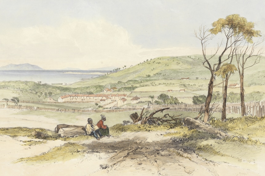 A painting of two Indigenous people, with a settlement, farmland and a cove in the background.