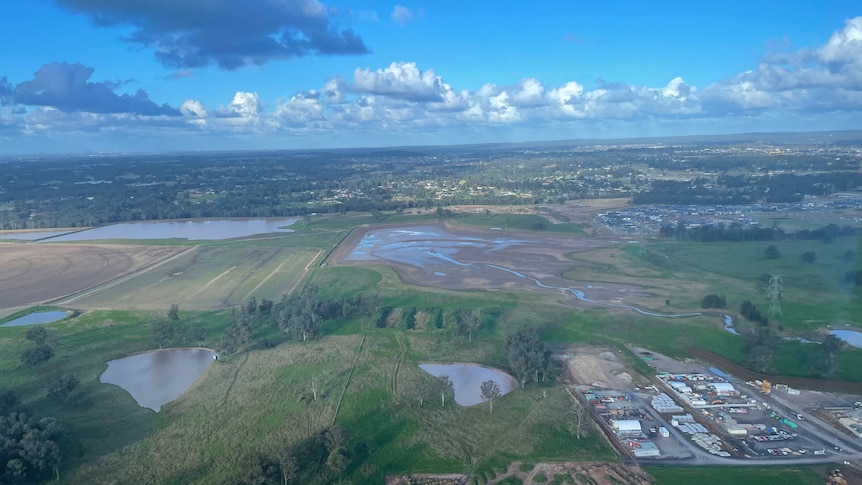 An aerial photo of dams on a farm.