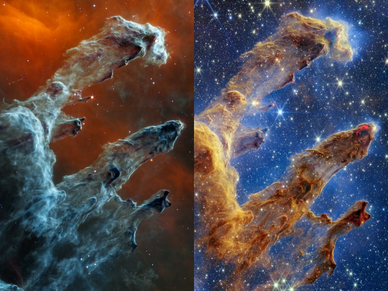 Two highly detailed images of the Pillars of Creation side by side, with seemingly inverted colours. 
