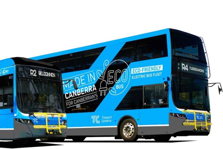 A blue electric bus and a blue electric double-decker bus.