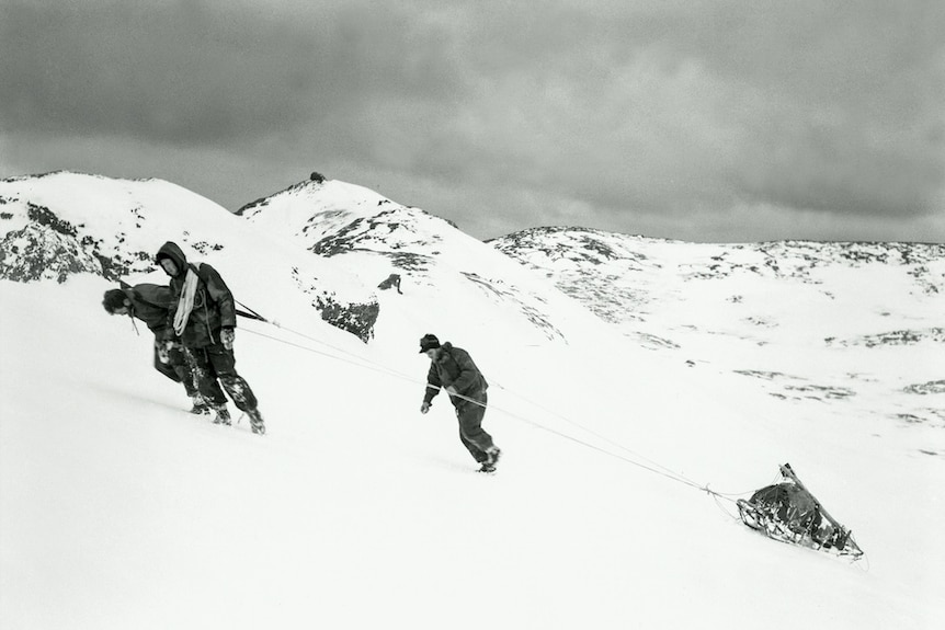 Three men and sleigh dogs walk across the ice on Heard Island.