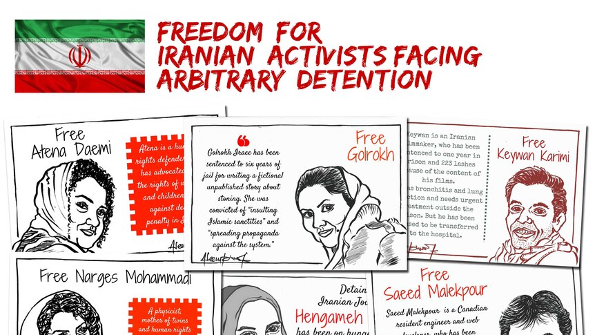 A cartoon with sketches of six Iranian activists facing arbitrary detention.