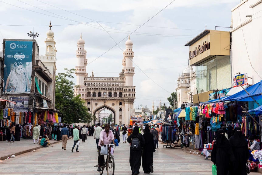 A crowded street in Hyderabad, India