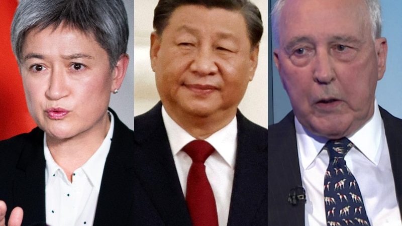 A composite image of Penny Wong, Xi Jinping and Paul Keating.