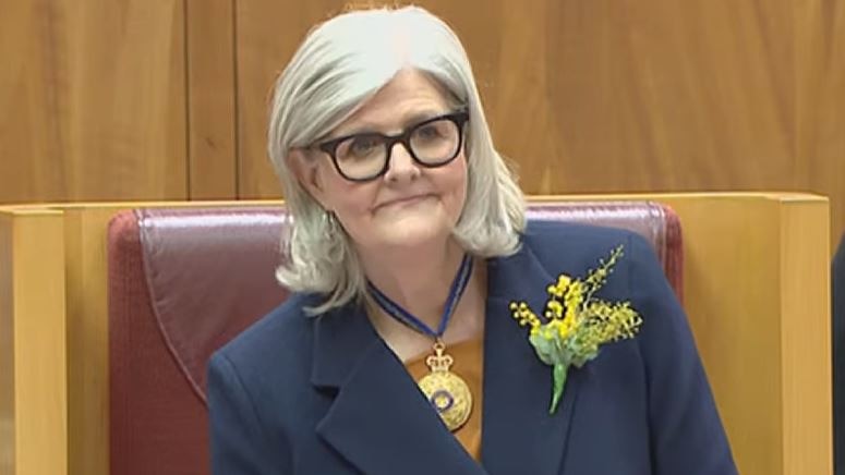 Sam Mostyn giving her speech in the Senate speakers chair after being sworn in.