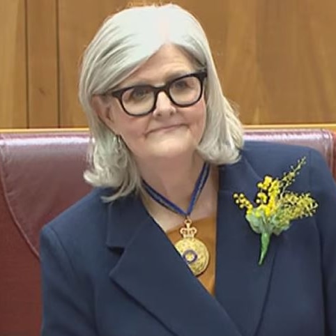 Sam Mostyn giving her speech in the Senate speakers chair after being sworn in.