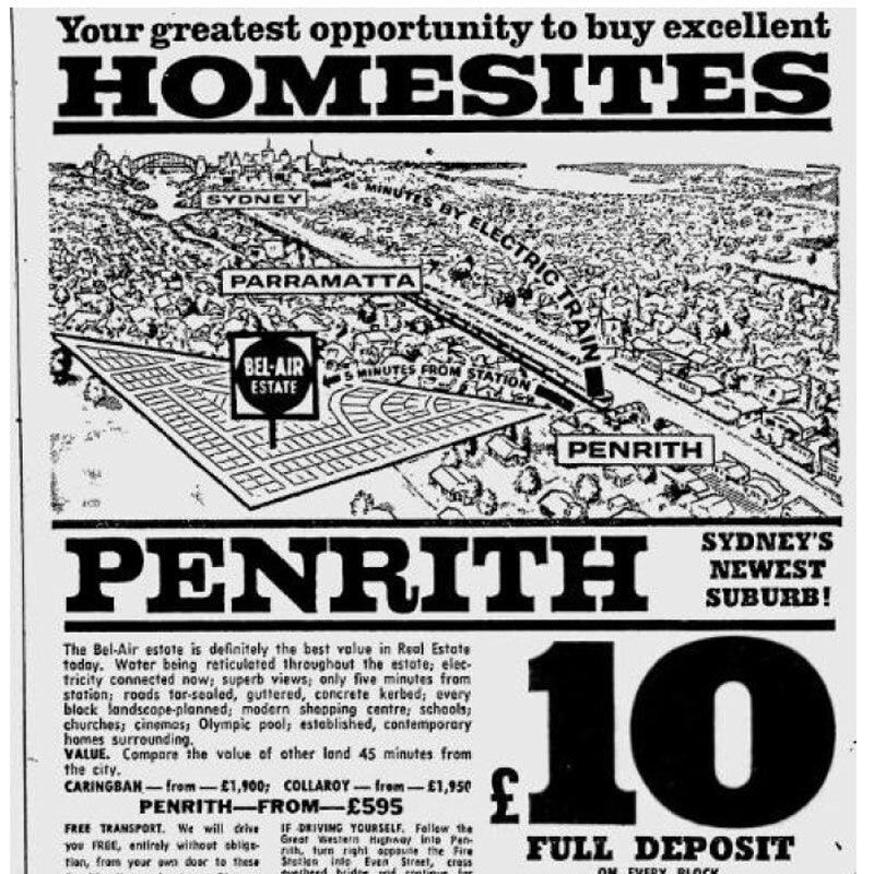 An advertisement for land for sale at Penrith in the 1960s
