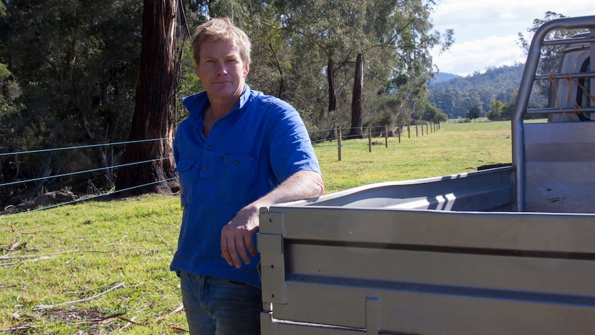 A farmer in a blue shirt leans against the tray of a ute.