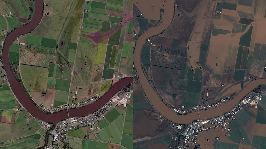 aerial pictures of  a town before and after it was flooded