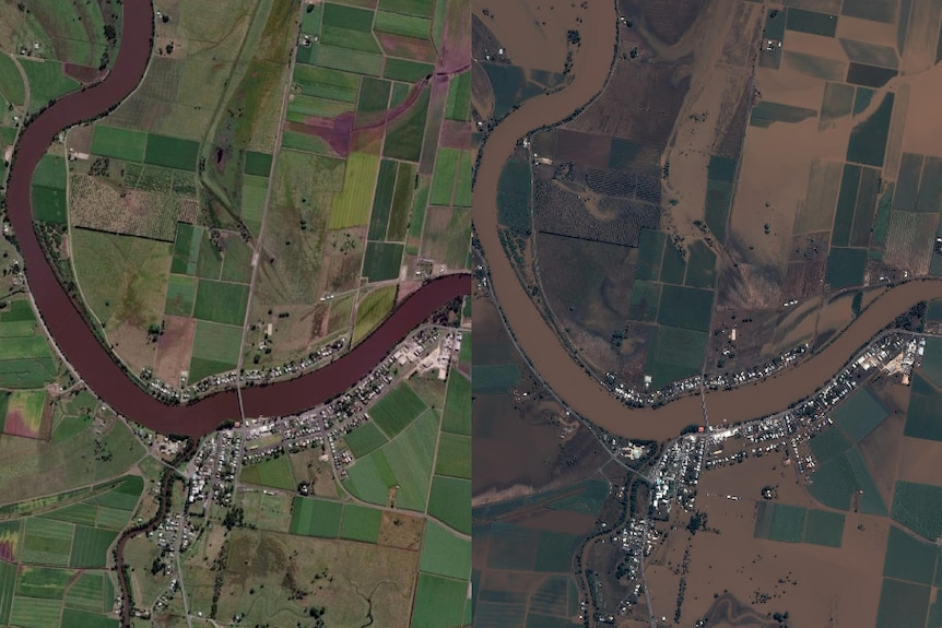 aerial pictures of  a town before and after it was flooded