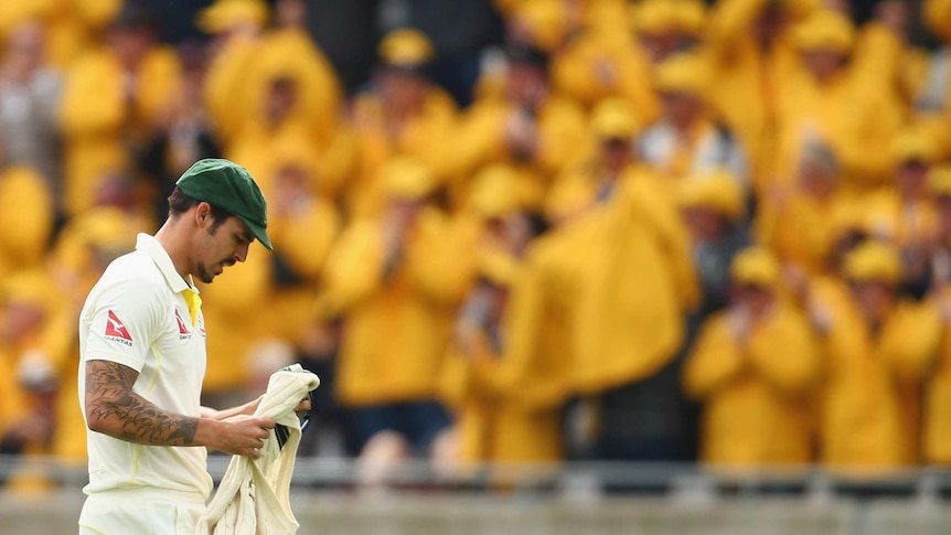 Mitchell Johnson in front of the Australian support