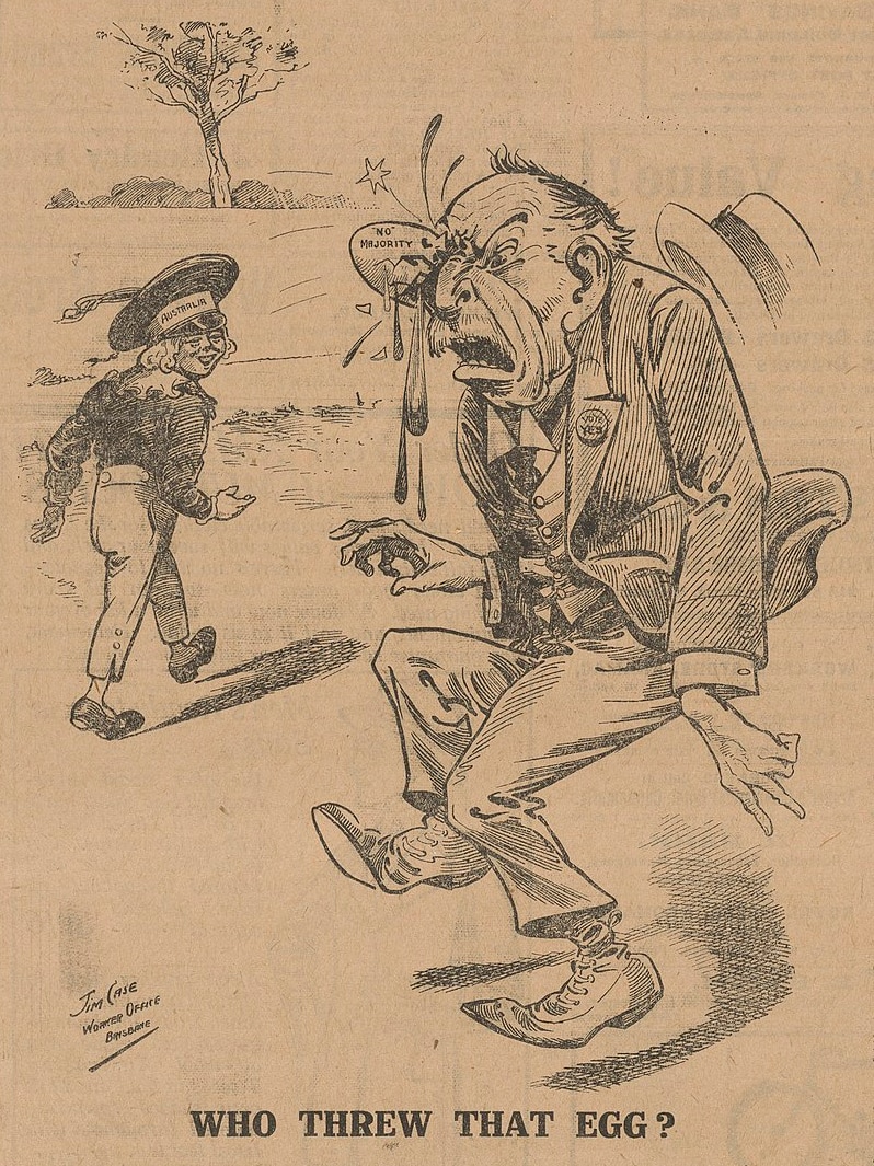 An historic cartoon showing a man throwing an egg