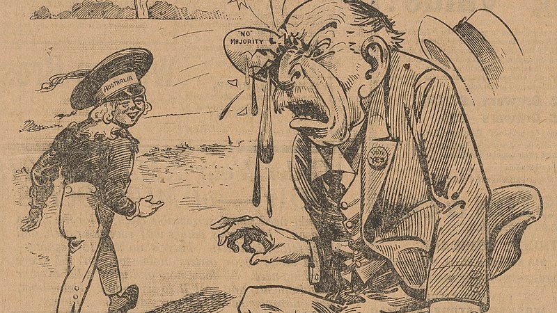 An historic cartoon showing a man throwing an egg