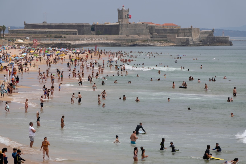 A photo of many people gathering on the shoreline of a beach near Lisbon. 