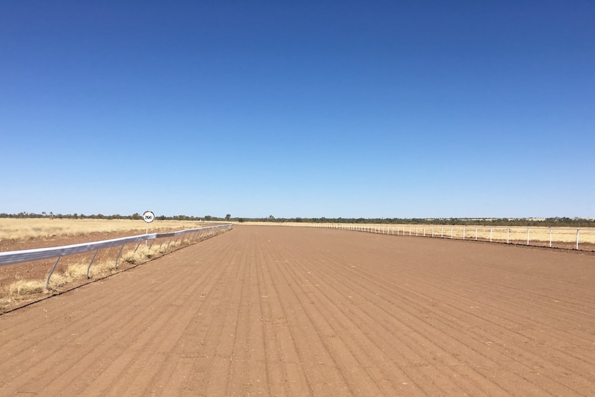An empty outback race track beneath a clear sky.