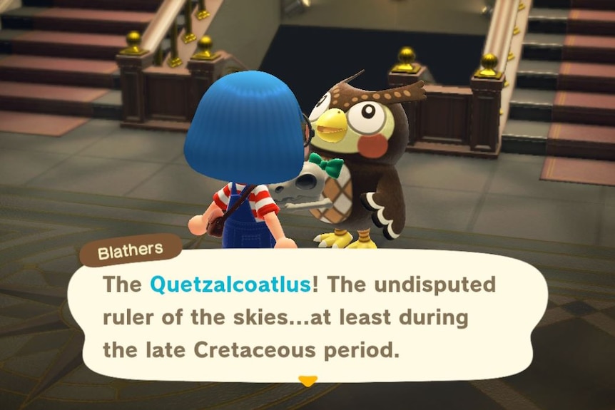 A screenshot from the video game Animal Crossing with a character presenting bones to an owl that is a museum director