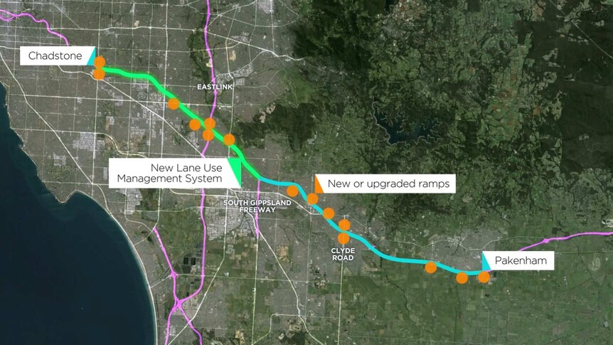 A graphic shows which parts of Melbourne's Monash Freeway will be upgraded.