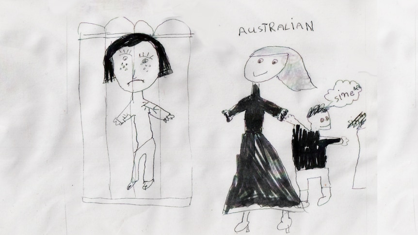 Drawing by child in detention on Nauru shows an asylum seeker behind bars contrasted by smiling Australians