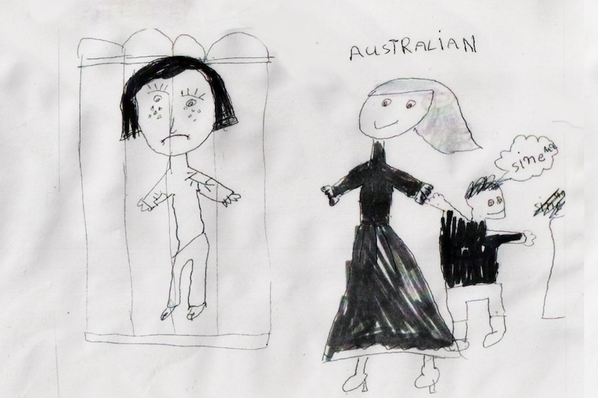Drawing by child in detention on Nauru shows an asylum seeker behind bars contrasted by smiling Australians