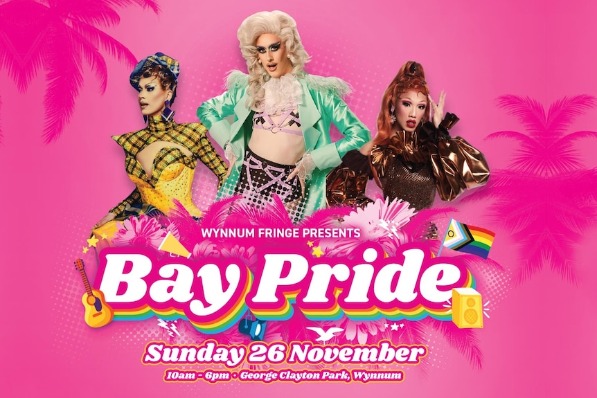 a marketing banner for bay pride, featuring three performers dressed in full glam on a bright pink background 