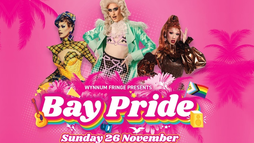a marketing banner for bay pride, featuring three performers dressed in full glam on a bright pink background 