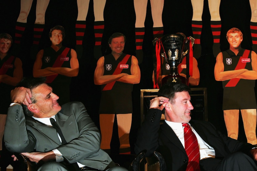 Fondly remembered .. Merv Neagle (left) pictured with former Bombers team-mate Simon Madden during a 2004 club reunion