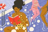 Illustration of a woman submerged in a swimming pool, reading a book