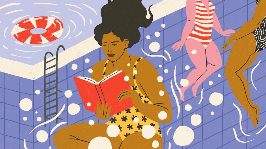 Illustration of a woman submerged in a swimming pool, reading a book