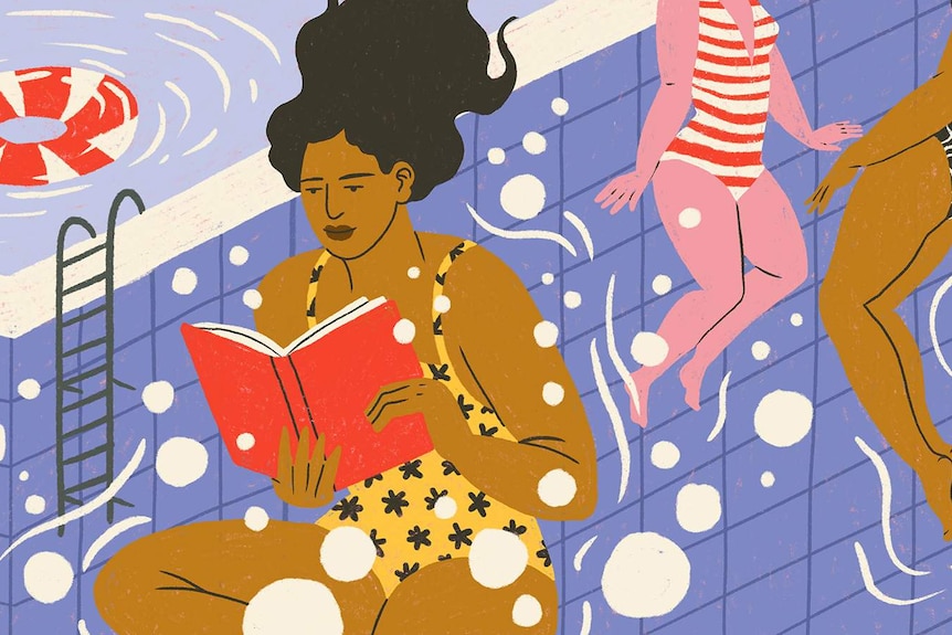 Illustration of a woman submerged in a swimming pool, reading a book