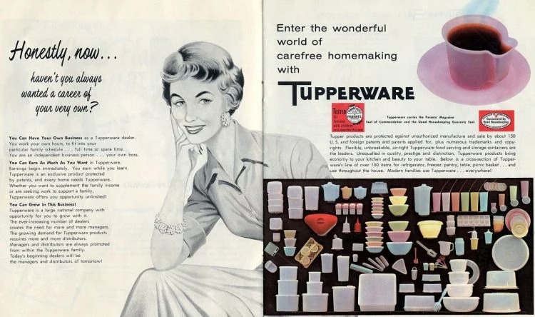 An old Tupperware ad encouraging women to start a career with Tupperware. 