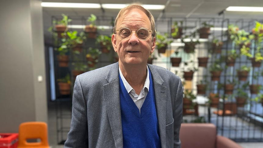 man in sports coat wearing spectacles looking at camera with inside plant wall in background 