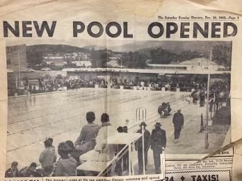 A yellowing newspaper clipping from 1963 with a headline reading new pool opened and a photo of the Glenorchy pool