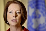 Prime Minister Julia Gillard speaks at a press conference before addressing the UN.