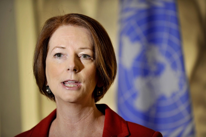 Prime Minister Julia Gillard speaks at a press conference before addressing the UN.