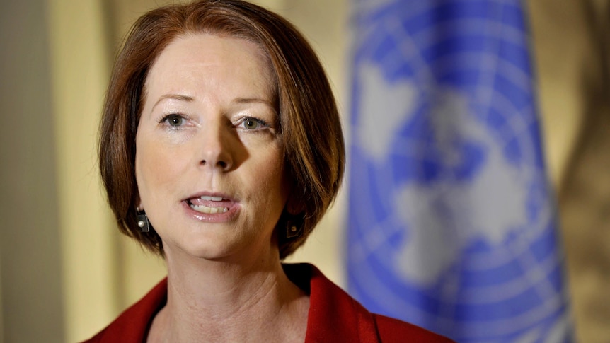 Prime Minister Julia Gillard speaks at a press conference before addressing the UN.