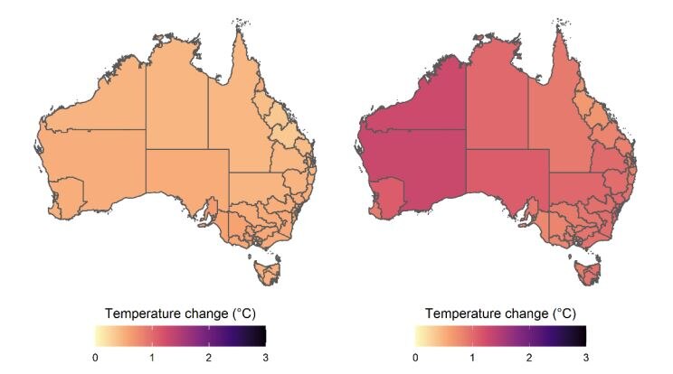 Two heat maps of Australia which show temperatures in Western Australia will increase more than in other parts.