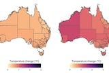 Two heat maps of Australia which show temperatures in Western Australia will increase more than in other parts.