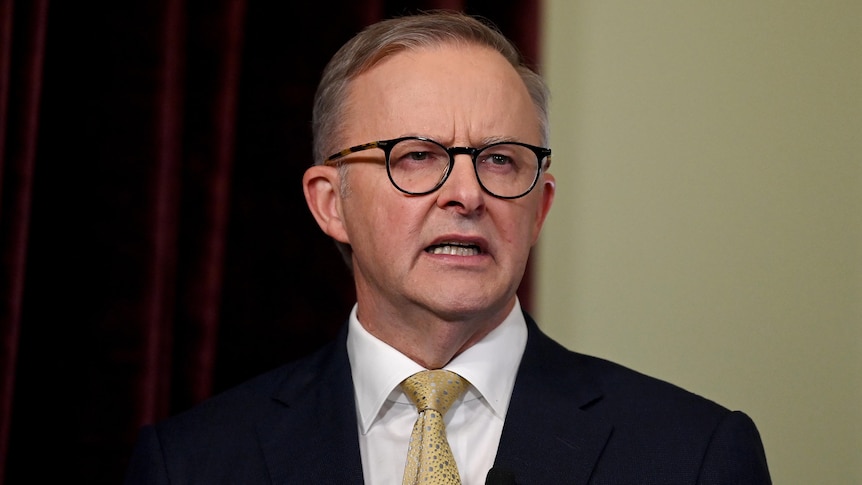 Prime Minister Anthony Albanese speaking at a conference. He is wearing a dark suit, gold tie and dark-rimmed glasses.