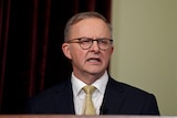 Prime Minister Anthony Albanese speaking at a conference. He is wearing a dark suit, gold tie and dark-rimmed glasses.