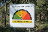 A sign on the roadside displaying coloured triangles with different fire risk ratings, with dense, green bushland behind it.