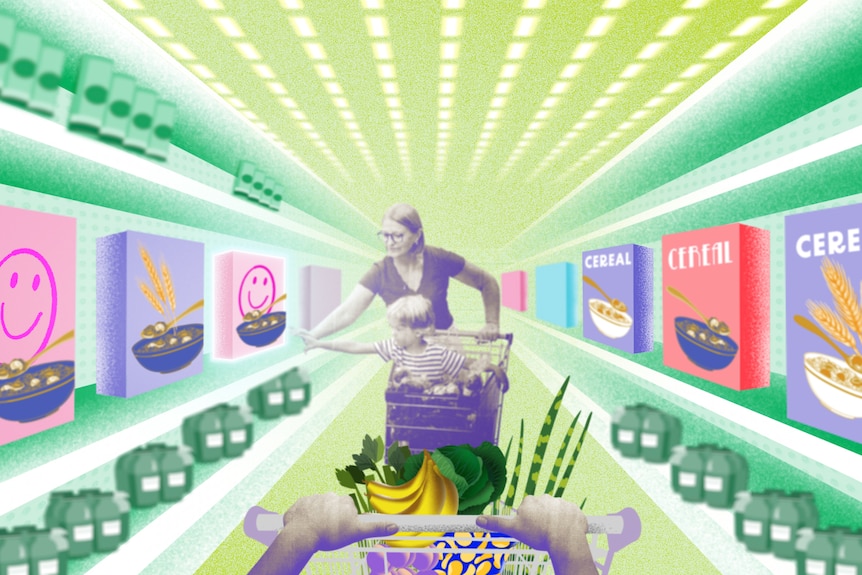 Illustration of woman and child sitting in trolley browsing in colourful supermarket.