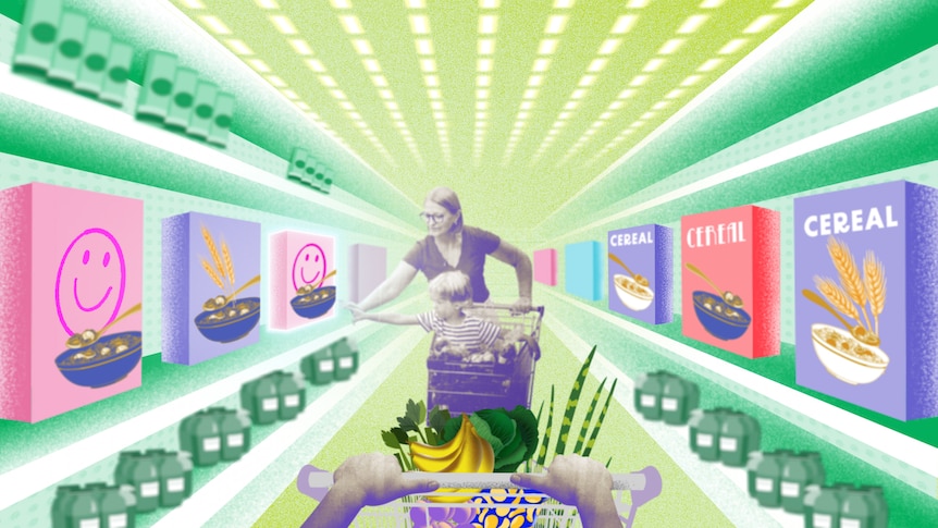 Illustration of woman and child sitting in trolley browsing in colourful supermarket.
