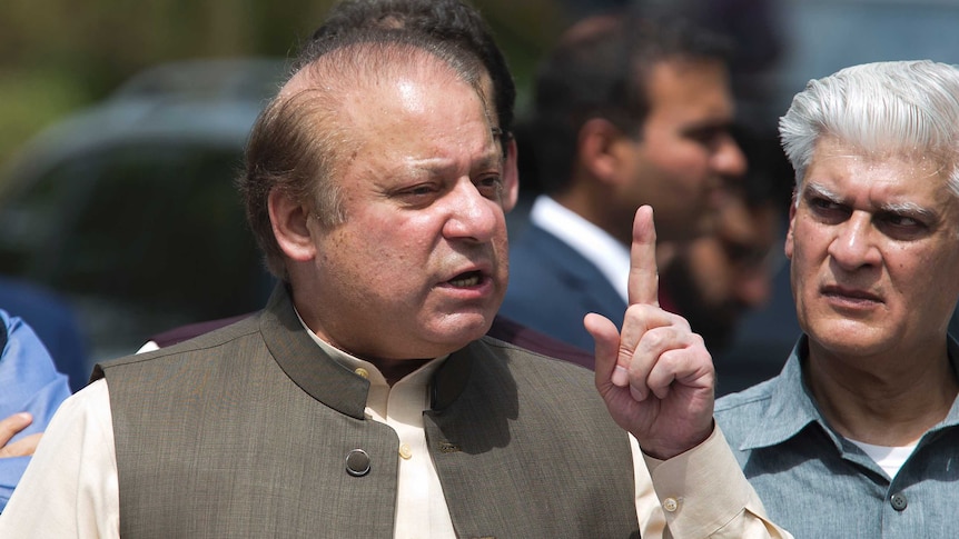 Pakistani Prime Minister Nawaz Sharif speaks to reporters outside the premises of the Joint Investigation Team.
