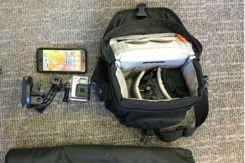 Smart phone, Go Pro camera, tripod and camera bag taken on trip to Jordan and Lebanon.
