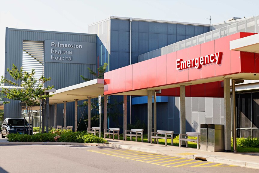 An exterior photo of Palmerston Regional Hospital which also shows the red entry to the ED.