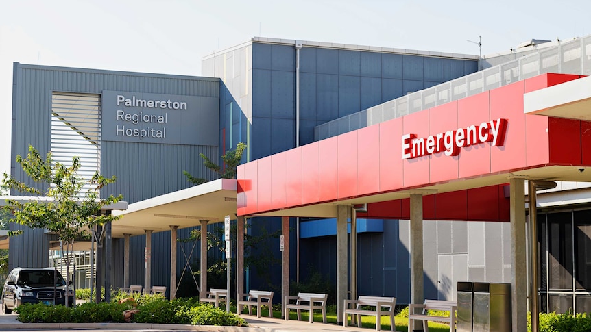 An exterior photo of Palmerston Regional Hospital which also shows the red entry to the ED.