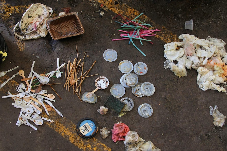 An aerial shot of different types of plastic that have been sorted.