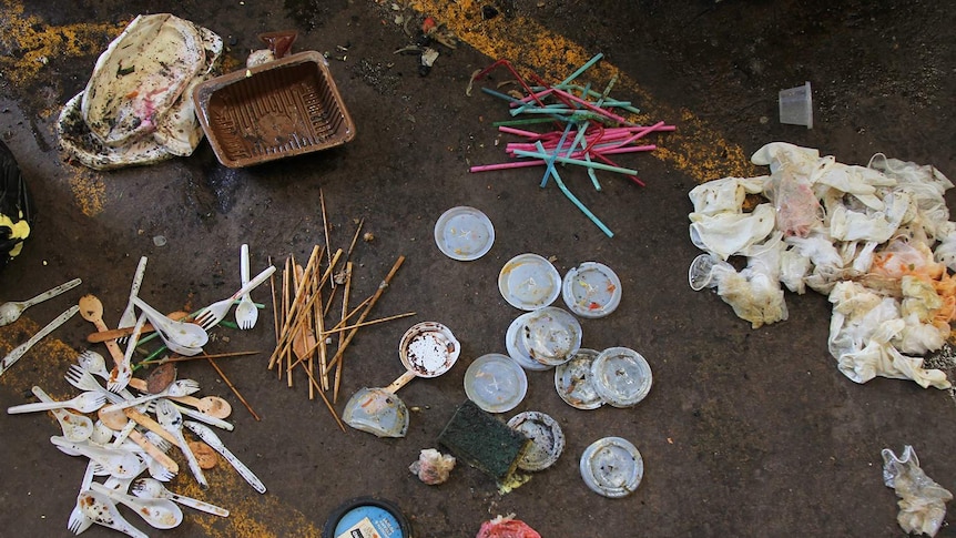 An aerial shot of different types of plastic that have been sorted.